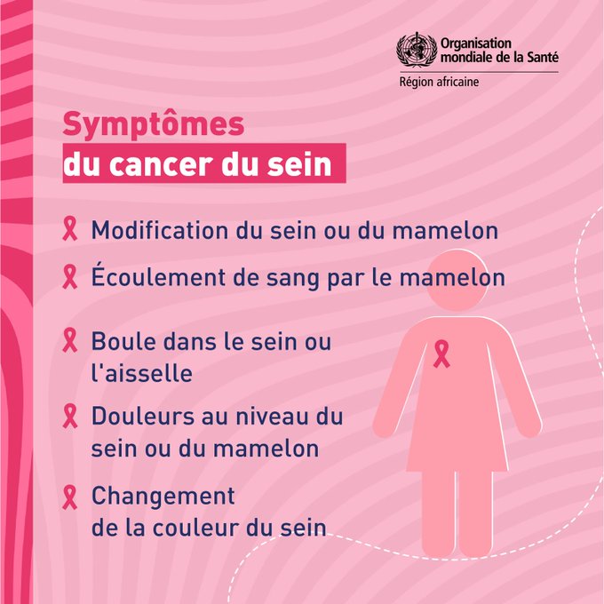 Octobre est le mois de sensibilisation au #CancerDuSein. 

Si vous remarquez l'un de ces symptômes, il est important de consulter immédiatement un professionnel de la santé. 👇🏾

#OctobreRose