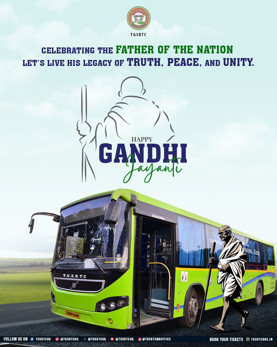 Dm_Jgtl_tgsrtc's tweet image. On the joyous occasion of Dussehra and the birth anniversary of Mahatma Gandhi,I extend my heartfelt greetings to all.
 Let us celebrate the triumph of good over evil and uphold the values of truth, peace, and non-violence.
 Warm wishes from -TGSRTC #Jgtldepot