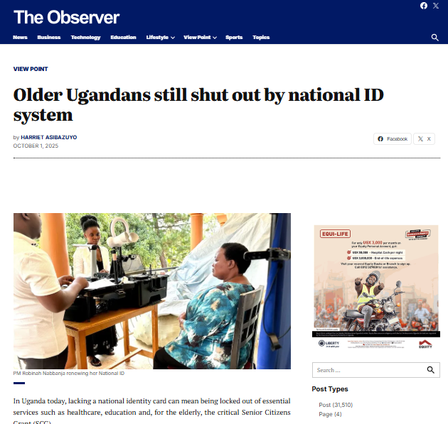 ISERUganda's tweet photo. "Uganda’s ID system was meant to empower all citizens. Yet in its current form, it is entrenching exclusion especially for those who’ve already paid their dues to society. Older Ugandans should not be left behind." @AsibazuyoH opines in @observerug  https://t.co/hKhRHSYWKn
@makpilac @MakerereLaw 
@NIRA_Ug 
#NdagaMuntu