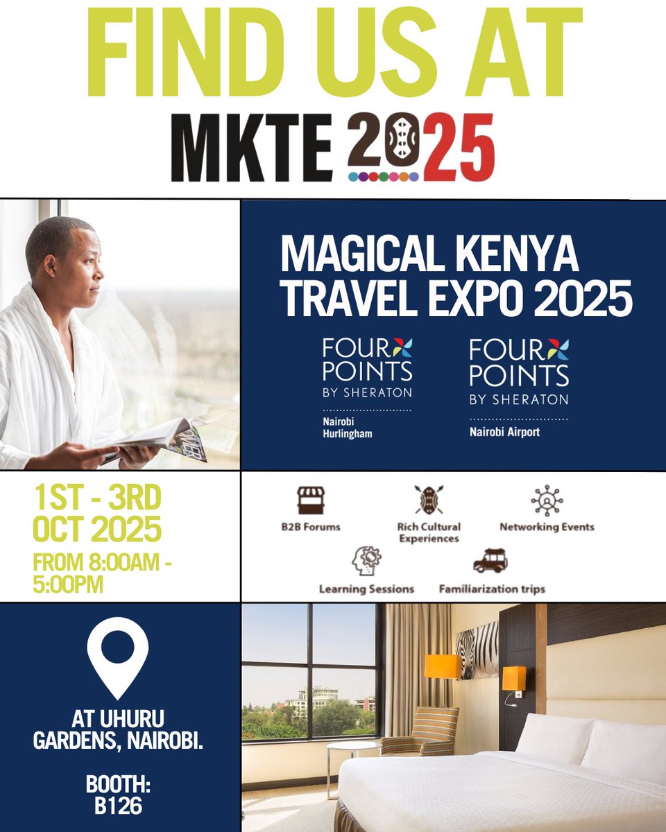 We are at the Magical Kenya Travel Expo 2025!

Find us at Booth 126 as we connect, collaborate, and showcase hospitality excellence from <a href="/FourPointsNBO/">Four Points Nairobi</a> and  <a href="/FourPointsJKIA/">Four Points Nairobi Airport</a> 
Let’s shape the future of travel together.

#MKTE2025 #FourPointsBySheratonNairobi #HospitalityExcellence