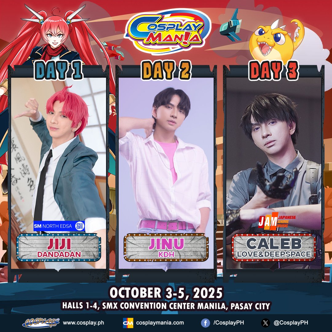 skyleryano's tweet photo. Day 1 as Jiji: I'll be at #DanDaDanAtSM to take some snaps. So kawawii~! 😘

Day 2 as Jinu: Gonna be out and about, lining up for Thames’ M&amp;G! 😜

Day 3 as Caleb: Hitting the stage with my team Raindrop as the opening act for JAM Concert. 🎵

#JAMConcert2025
#CosplayMania2025 https://t.co/bjTPXd7fFl