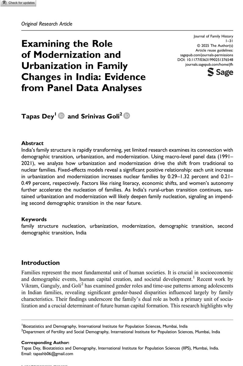 tapashb06's tweet image. India&apos;s families are shifting from joint to nuclear - driven by urbanization &amp;amp; modernization. New data reveals a quiet revolution in household structure.
@SrinivasGoli1
#FamilyStructure  #FamilyChange #Urbanization #ModernIndia #FamilyDemography #HouseholdStudies #FamilyResearch