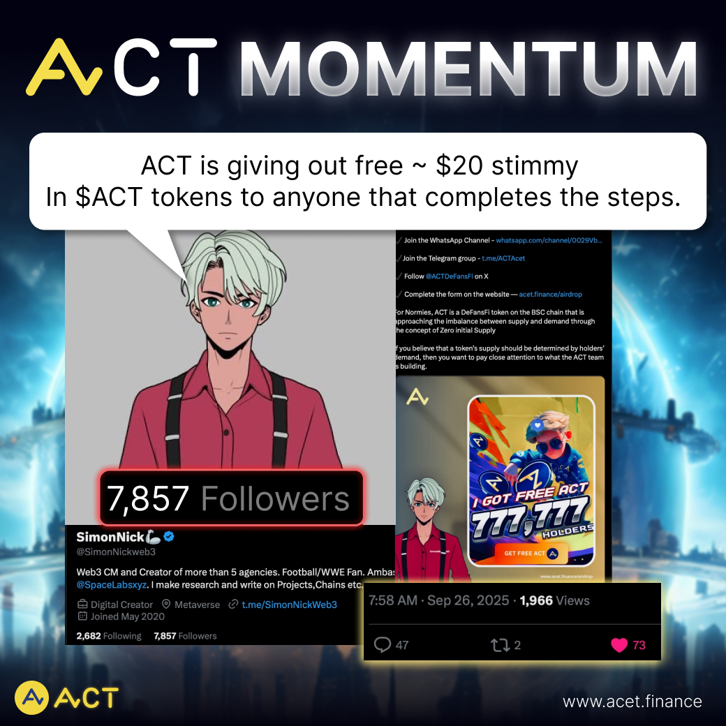 ACTDeFansFi's tweet photo. 🦾 Even the Web3 influencer SimonNick on X is amazed by the amazing accomplishment of $ACT, the project of the year with the best success and the most hype. He’s sharing the special 77.77 ACT airdrop event for all the world to see. Claim yours in just a few simple steps!

Source: https://t.co/h0X5HnjOAD

📍 Claim 77.77 ACT Airdrop now: https://t.co/NEDT4MiMA5

📊 Check the latest $ACT price at: https://t.co/LTpk6p8HfA
Stay up-to-date by following us on:

X: https://t.co/tAqBNotH5n
Telegram: https://t.co/fEsGhAShAu
WhatsApp: https://t.co/JveFgKN0ob

$ACT #ACTisThePeople #inACETweTrust #GetFreeACET #SimonNick