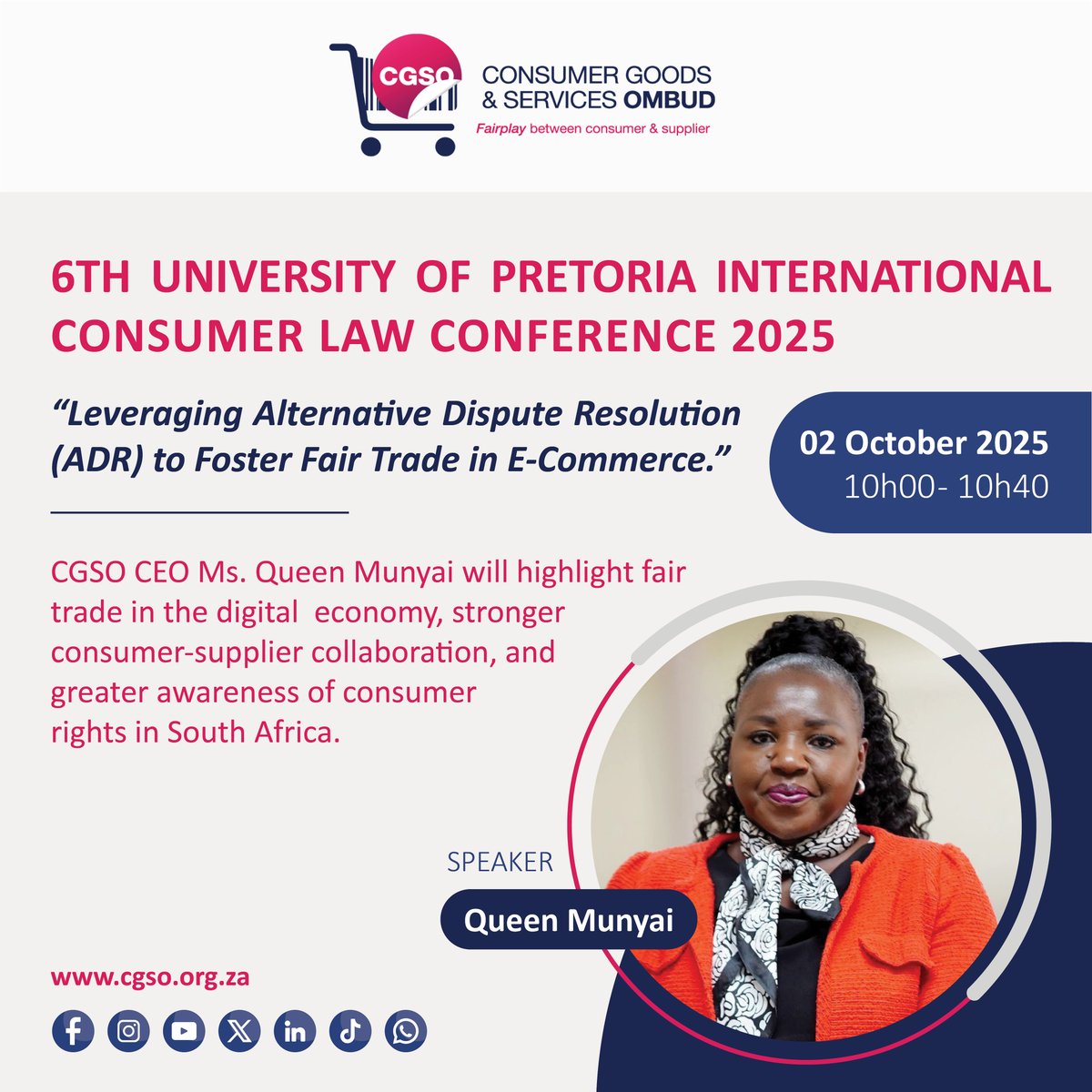 cgsombud's tweet image. Today at the UPICLC 2025 Conference, our CEO, Ms Queen Munyai, takes the stage! She will unpack how Alternative Dispute Resolution (ADR) can drive fair trade in e-commerce, strengthening collaboration between consumers and suppliers under the Consumer Protection Act. 💡⚖️…