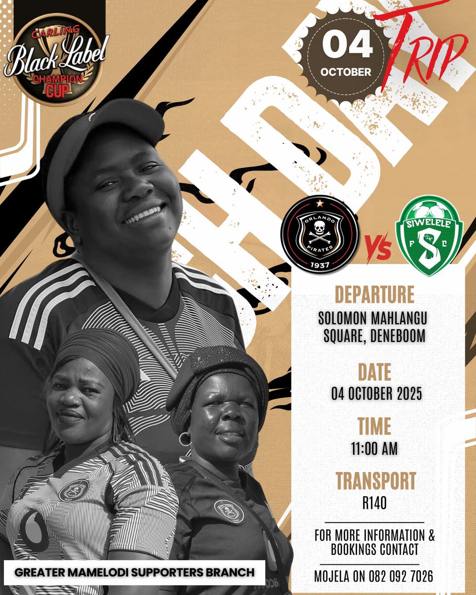 <a href="/orlandopirates/">Orlando Pirates</a> Carling Black Label clash with <a href="/Siwelele_FC/">Siwelele Football Club</a> at our fortress. Orlando Stadium! 🏴‍☠️🔥

📅 Date: 04 October 2025
🏟️ Venue: Orlando Stadium
⏰ Time: 11:00 (departure)
🎟️ Secure your seat NOW with Mojela 👉 📲 (082) 092-7026 
#OnceAlways #GreaterMams