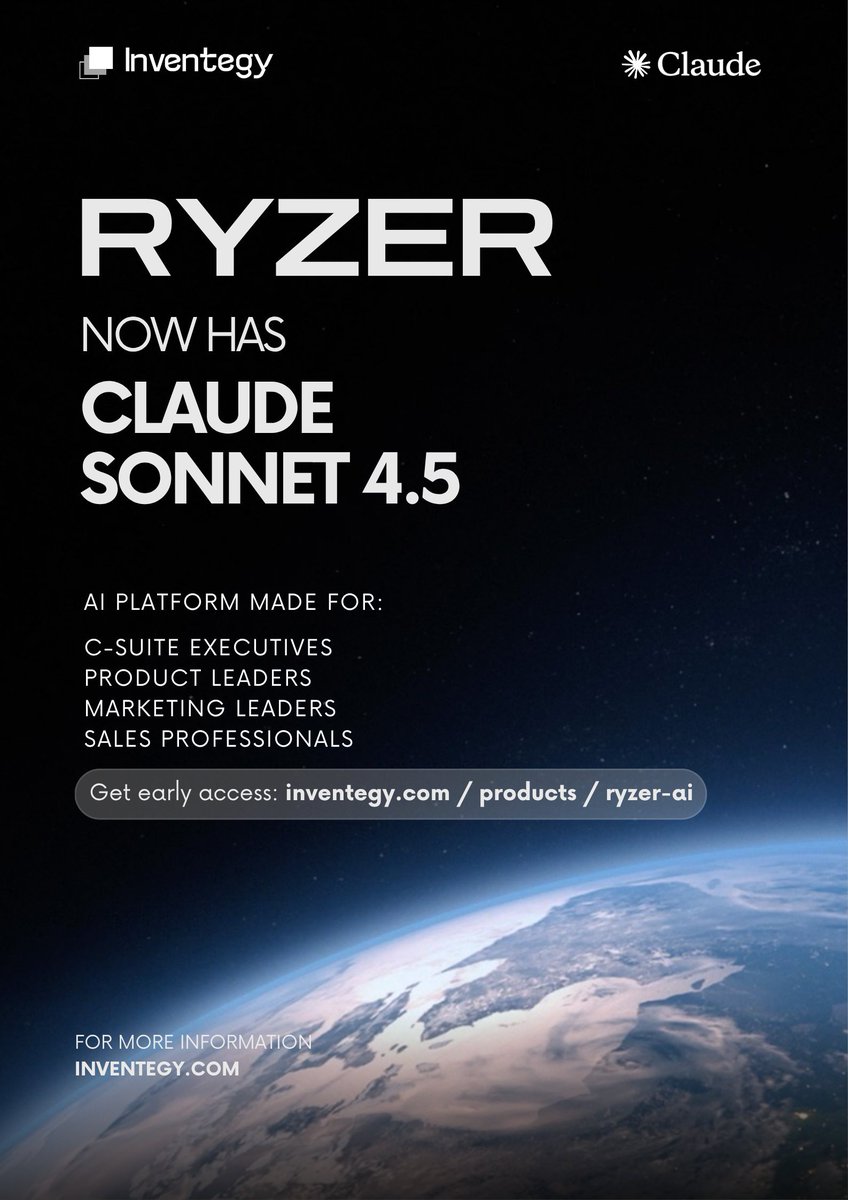 ilyasiqbal's tweet photo. At Inventegy, we just launched RYZER AI, help taking your marketing strategy and positioning to the moon intelligently! 🚀
Now available with Anthropic's Claude 4.5!
#Inventegy #AI #RYZER #Claude #Anthropic #Sonnet4.5 #Product #Marketing #Sales #Grok
https://t.co/htFP0xVxSx https://t.co/bT1fWewc0U