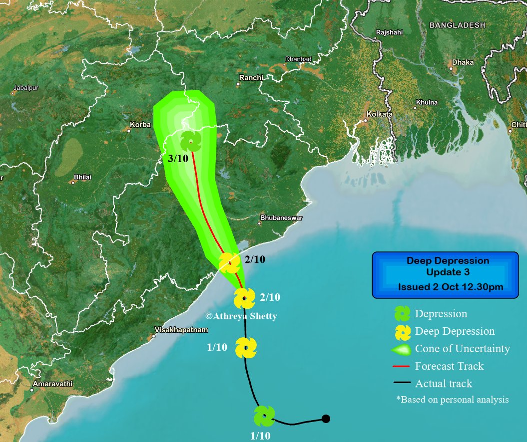 shetty_athreya's tweet image. BoB #DeepDepression Update 3

DD moved NNW over last 10hrs and now lies 83 km SE of #Gopalpur. Most convection remains sheared to the west of the system.

Landfall slated to begin by 3pm. Post landfall to weaken into a Depression and rapidly move NNW towards north Chattisgarh by