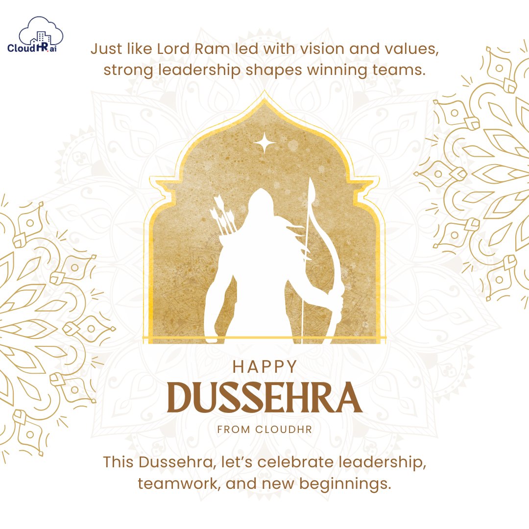 CloudHRai's tweet image. Dussehra teaches us that every challenge can be overcome with resilience and the right path.
May this festive season inspire growth, teamwork, and new achievements.
✨ Happy Dussehra from CloudHR! 🌸
#Cloudhr #HRtech