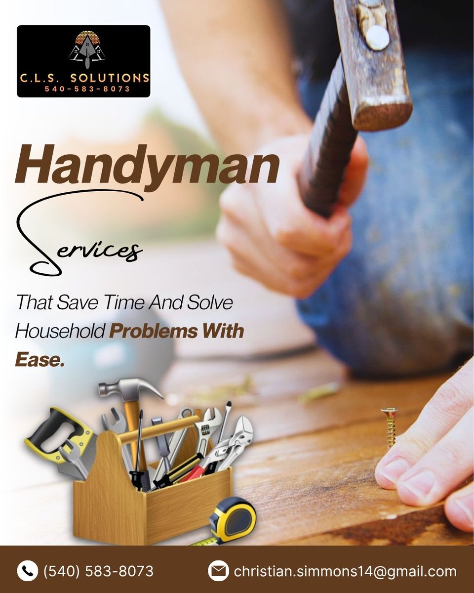 CLSSolutions77's tweet photo. C.L.S. Solutions LLC provides versatile handyman services to tackle everything from small fixes to major repairs. Our reliable team handles tasks efficiently, saving you time and ensuring quality results.
#HandymanServices #CLSSolutions
https://t.co/y6mWwWMfPq https://t.co/WAAp3PpMjg