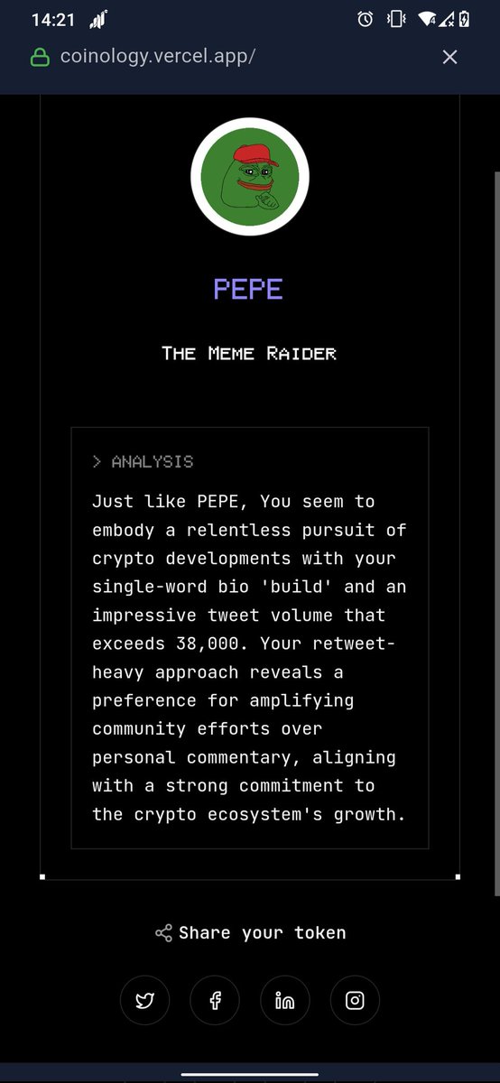 According to my twitter data, I give $PEPE vibes.
Bullish?
Try Coinology on app.vana.com. #DataRevolution
