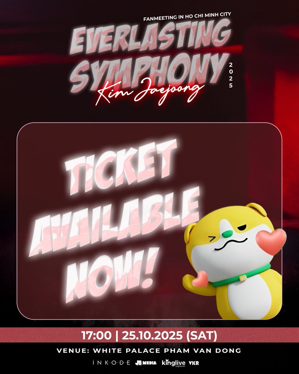 js_co_official's tweet photo. 💚 TICKETS FOR <EVERLASTING SYMPHONY- KIM JAEJOONG 2025 FANMEETING IN HO CHI MINH CITY> OFFICIALLY ON SALE 💚

V-Babies, hurry up and grab your tickets to fill Kim Jae Joong's heart with love ✨✨

Ticket Available 👉🏻 https://t.co/vvNKf5tsSx

EVERLASTING SYMPHONY - KIM JAEJOONG 2025 FANMEETING IN HO CHI MINH CITY
📅 Date & Time: 5PM, October 25, 2025
📍 Venue: White Palace Pham Van Dong

-----

💚 VÉ <EVERLASTING SYMPHONY - KIM JAEJOONG 2025 FANMEETING INHO CHI MINH CITY> CHÍNH THỨC MỞ BÁN 💚

Nhanh tay giành vé để lấp đầy trái tim của Kim Jae Joong nhé V-Babies ơi ✨✨

Ticket Available 👉🏻 https://t.co/vvNKf5tsSx

EVERLASTING SYMPHONY - KIM JAEJOONG 2025 FANMEETING IN HO CHI MINH CITY
📅 Thời gian: 17h00 ngày 25/10/2025
📍Địa điểm: White Palace Phạm Văn Đồng

#김재중 #재중 #KIMJAEJOONG
#EVERLASTINGSYMPHONY
#KIMJAEJOONGFMTINHCMCITY
#iNKODE #JSMEDIA #Ticketbox
#Kinglive #VKRNews