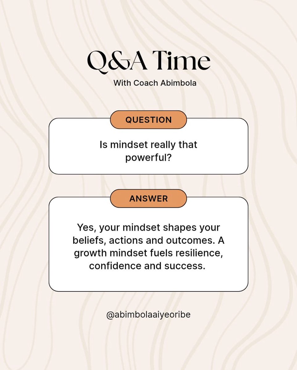 abimmza's tweet photo. It’s Q and A Day!

✨ Your mindset shapes your reality. Think fear, and you shrink. Think faith, and you rise. 💡“As a man thinketh in his heart, so is he” (Prov. 23:7).

Choose a God-filled mindset, and watch doors open! 🙌

#Mindset #FaithOverFear #GodFirst #CoachAbimbola https://t.co/DuHarvwVQ6