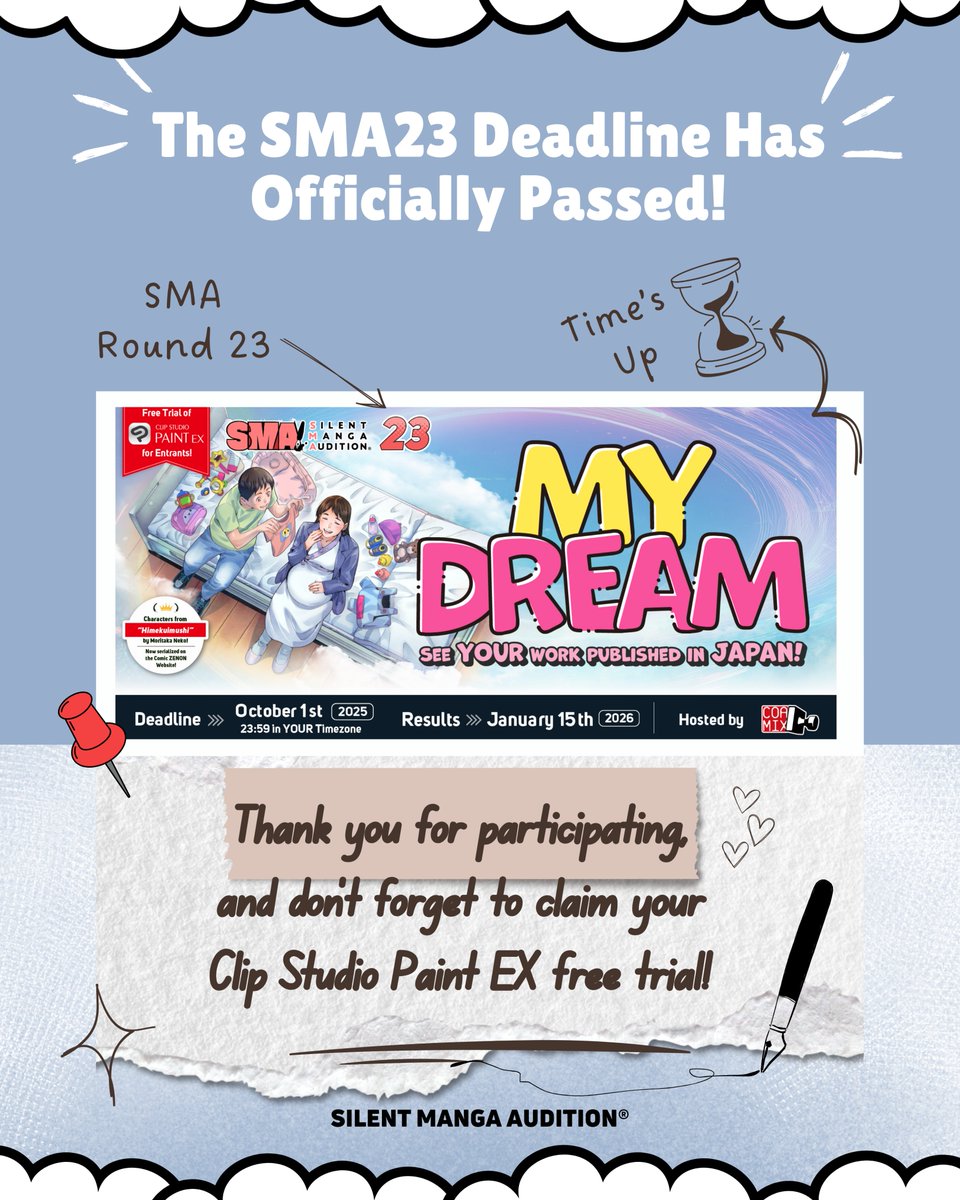 ⏰ The #SMA23 deadline has officially passed! 🎉 Thank you for participating!
👉 Don’t forget to claim your 3-month free trial of <a href="/clipstudiopaint/">CLIP STUDIO PAINT</a> and stay tuned for the results announcement on Jan 15, 2026!
We can’t wait to read all your incredible manga!!
#SMA23 #Manga #Debut