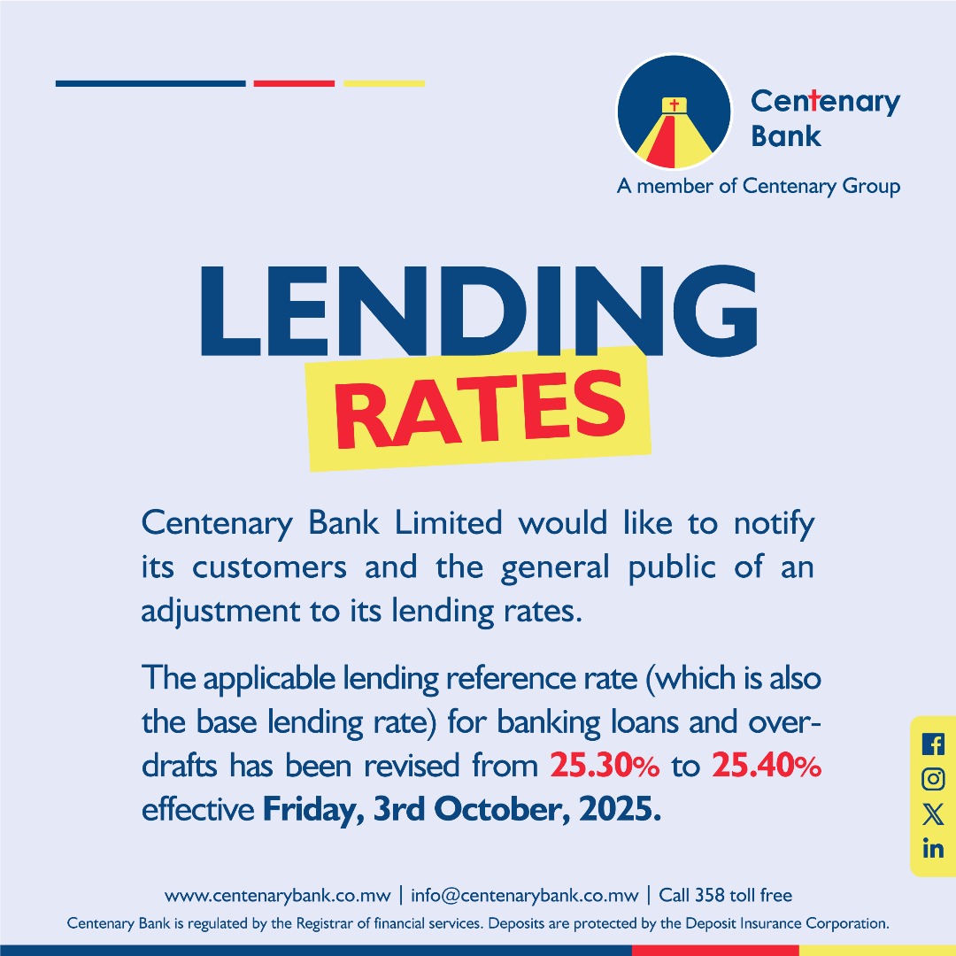 Centenary Bank Limited would like to notify its customers and the general public of an adjustment to its lending rates from 25.30% to 25.40% effective Friday, 3rd October, 2025.