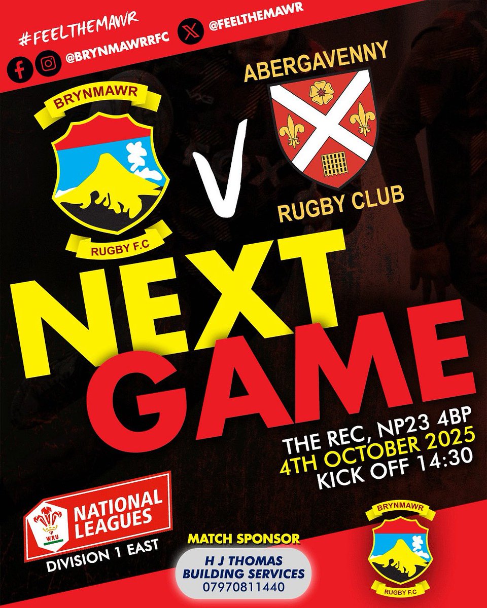 Next up we face Abergavenny RFC. 

Huge thank you to H J Thomas building services for sponsoring the game. 

We look forward to being back on the rec.