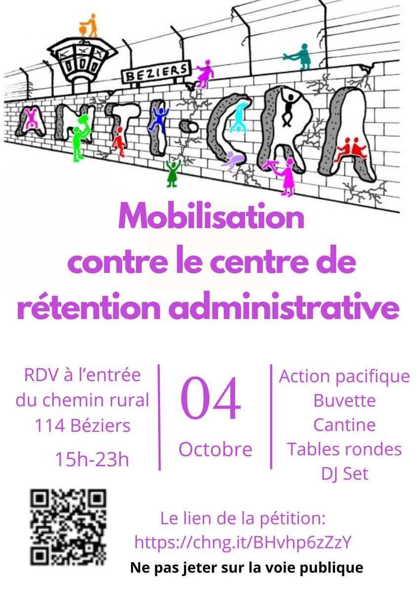 📢 Samedi 4 octobre – Béziers dit NON au CRA !
⏰ 15h-23h | Chemin rural 114 à Béziers

🎶 Musique, débats, ateliers, cantine solidaire, soirée festive !
✊ Mobilisation pacifique, joyeuse &amp; populaire contre l’enfermement.

👉 Pétition : chng.it/BHvhp6zZzY
 #AntiCRA #Béziers