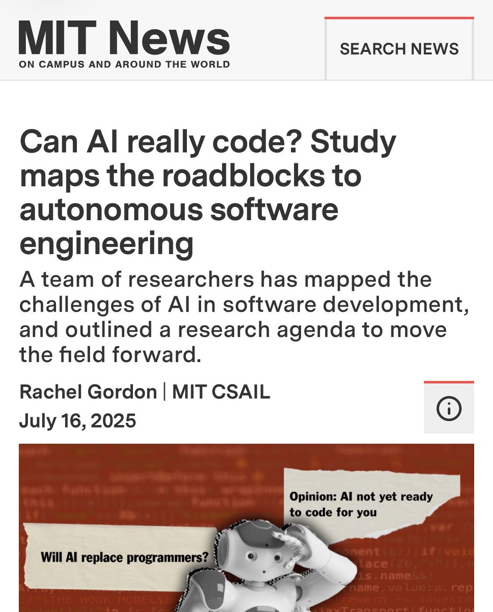 VraserX's tweet image. MIT scientists found the limits of AI coding.
Models can crank out boilerplate and simple apps, but when it comes to deep logic and complex software, they break down.
The hype says AI will replace programmers. The reality is it still struggles with the hardest parts of coding.