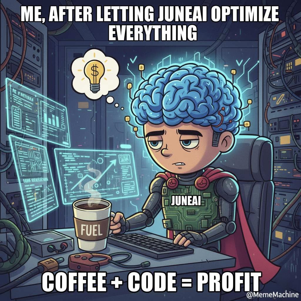 NextGenAI_0's tweet image. When JuneAI optimizes everything, you just sit back, sip your coffee, and watch the magic happen! ✨ Coffee + Code = Profit. Are you ready for peak efficiency?
#JuneAI #AIoptimization #TechLife #WorkSmarter