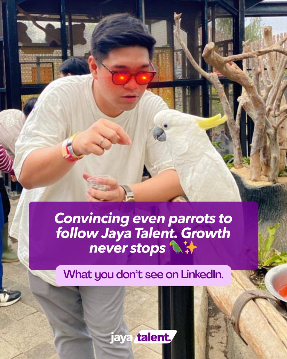 Running growth isn’t always about dashboards, analytics, and campaigns. Sometimes… it’s about convincing even a parrot to follow Jaya Talent. 🦜😂

Because at the end of the day:
👉 "Every follower counts. Even if it squawks🦜."
– Radityo Bagus (<a href="/not_pa2/">Radityo // notpapa</a>), Growth Lead at Jaya