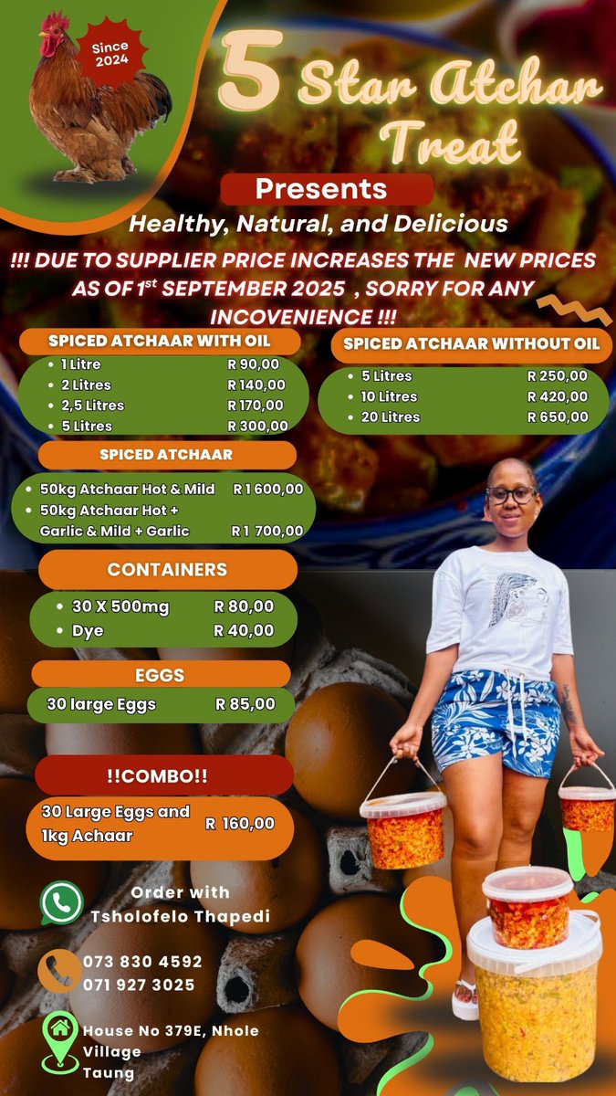 MSME Spotlight: 5 Star Atchar Treat
Bold Flavoured Atchar &amp;  Premium Eggs 

5 Star Atchar Treat provides:
• Local distribution to spaza shops and retail outlets
• Custom packaging for events and markets
nwdc.co.za/sbd/msme-spotl…