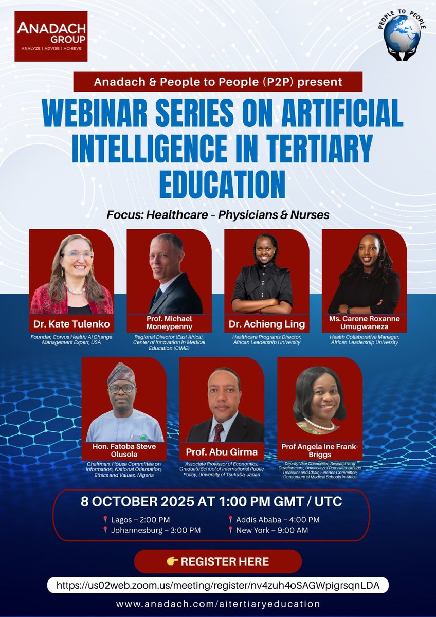 🌍 Join us for a groundbreaking Webinar Series on Artificial Intelligence in Tertiary Education, with a focus on Healthcare for Physicians &amp; Nurses!
📅 Date: 8 October 2025
🕐 Time: 1:00 PM GMT / UTC
💻 Online via Zoom
🔗 Register here: us02web.zoom.us/meeting/regist…