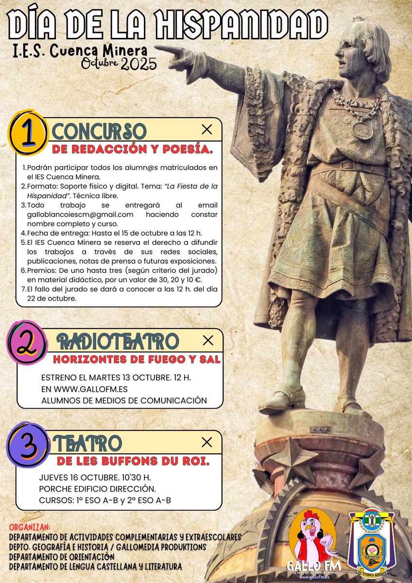 ⛵ 𝗛𝗜𝗦𝗣𝗔𝗡𝗜𝗗𝗔𝗗 𝟮𝟬𝟮𝟱 | Este año, por el día de la Hispanidad, participa y disfruta con las distintas propuestas del #IESCM: con el concurso de redacción y poesía, escuchando la ficción sonora en Gallo FM o asistiendo al cuentacuentos. 
#Hispanidad2025 #gallofm