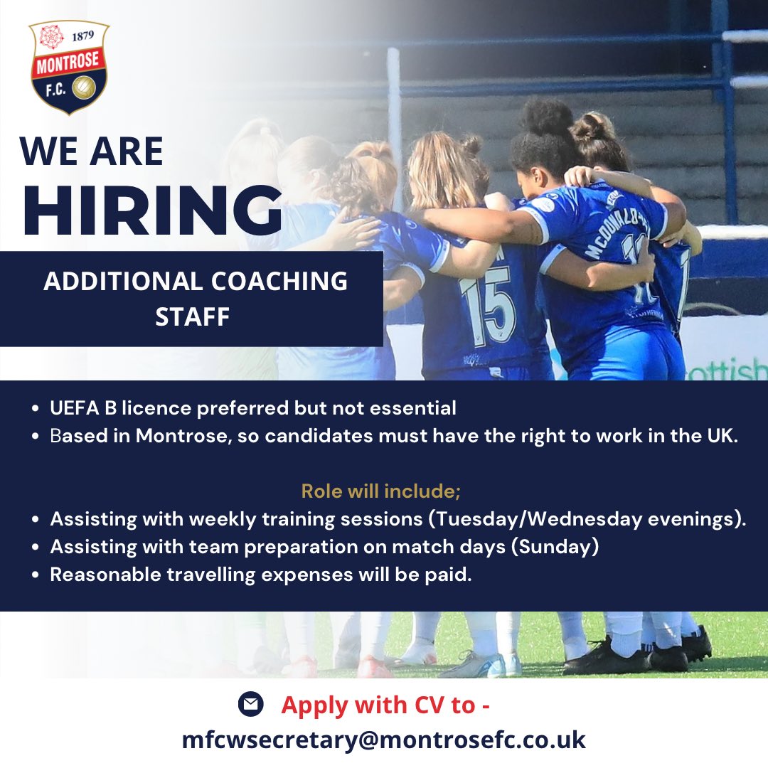 𝗝𝗼𝗶𝗻 𝗢𝘂𝗿 𝗧𝗲𝗮𝗺!

Montrose FC Women are looking to expand our coaching team as we continue to make our mark in the SWPL1 – the top tier of Scottish women’s football.

📧 To apply or find out more, contact: mfcwsecretary@montrosefc.co.uk