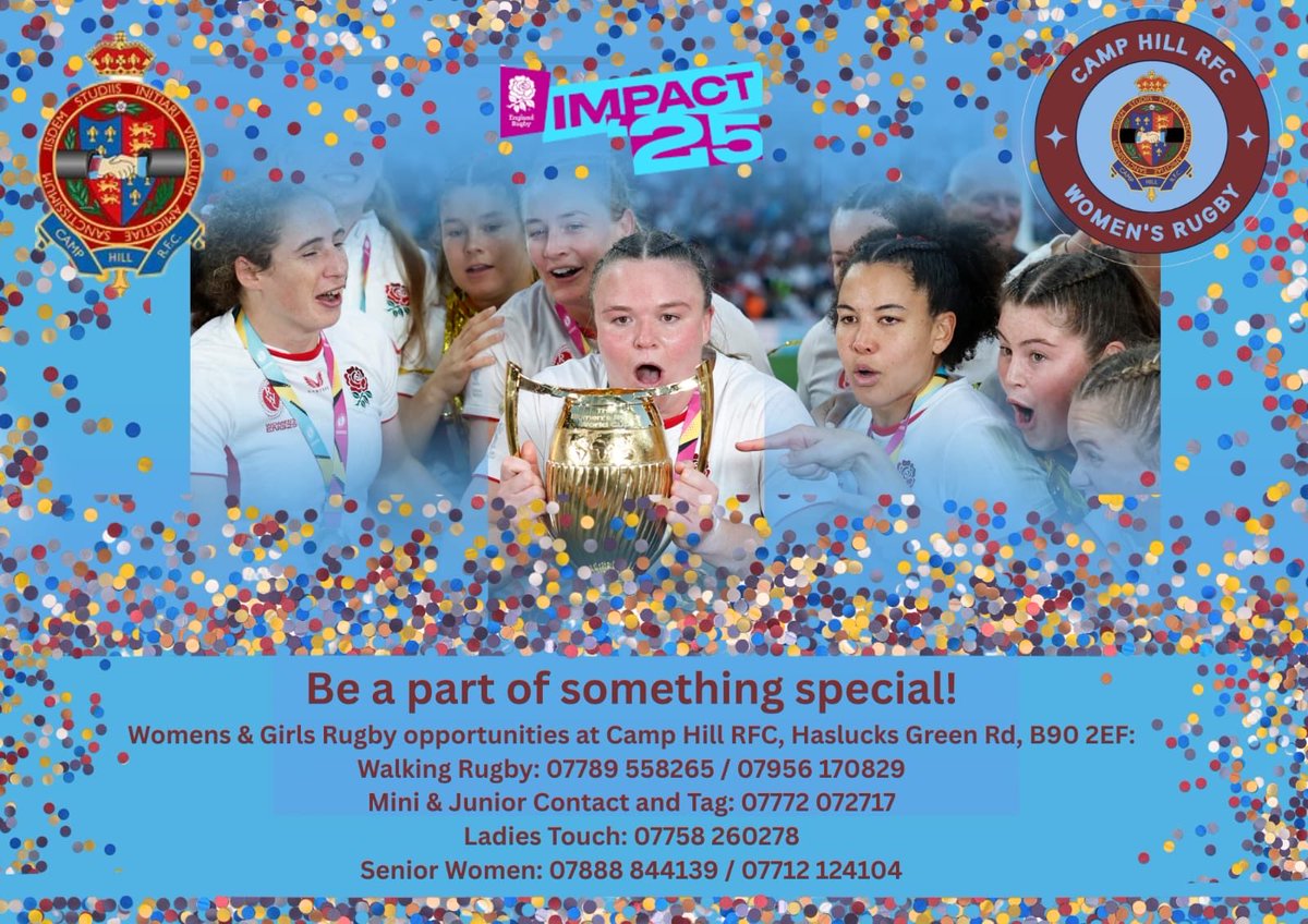 All forms of rugby for all ages - no rugby experience needed - just come and have fun B90 2EF camphillrcl@gmail.com 
#impact25 #womensrugbyunion #loverugby