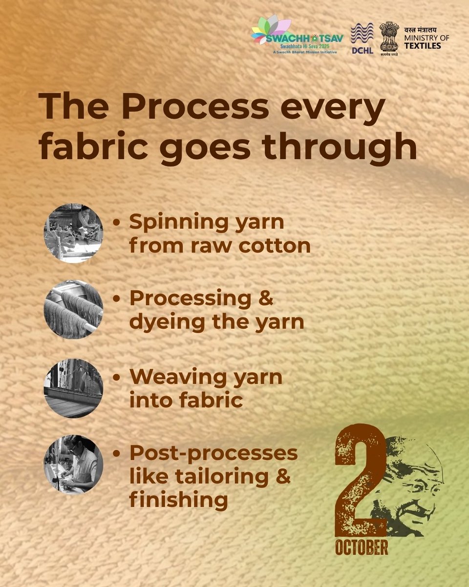 dchandlooms01's tweet image. &quot;There is no beauty in the finest cloth if it makes hunger and unhappiness.&quot;– Mahatma Gandhi
On this Gandhi Jayanti, let’s recall the legacy behind the fabrics we wear.
#ministryoftextiles #dchandlooms #sustainability #heritage #gandhijayanti #2october #gandhiji #khadi #handloom