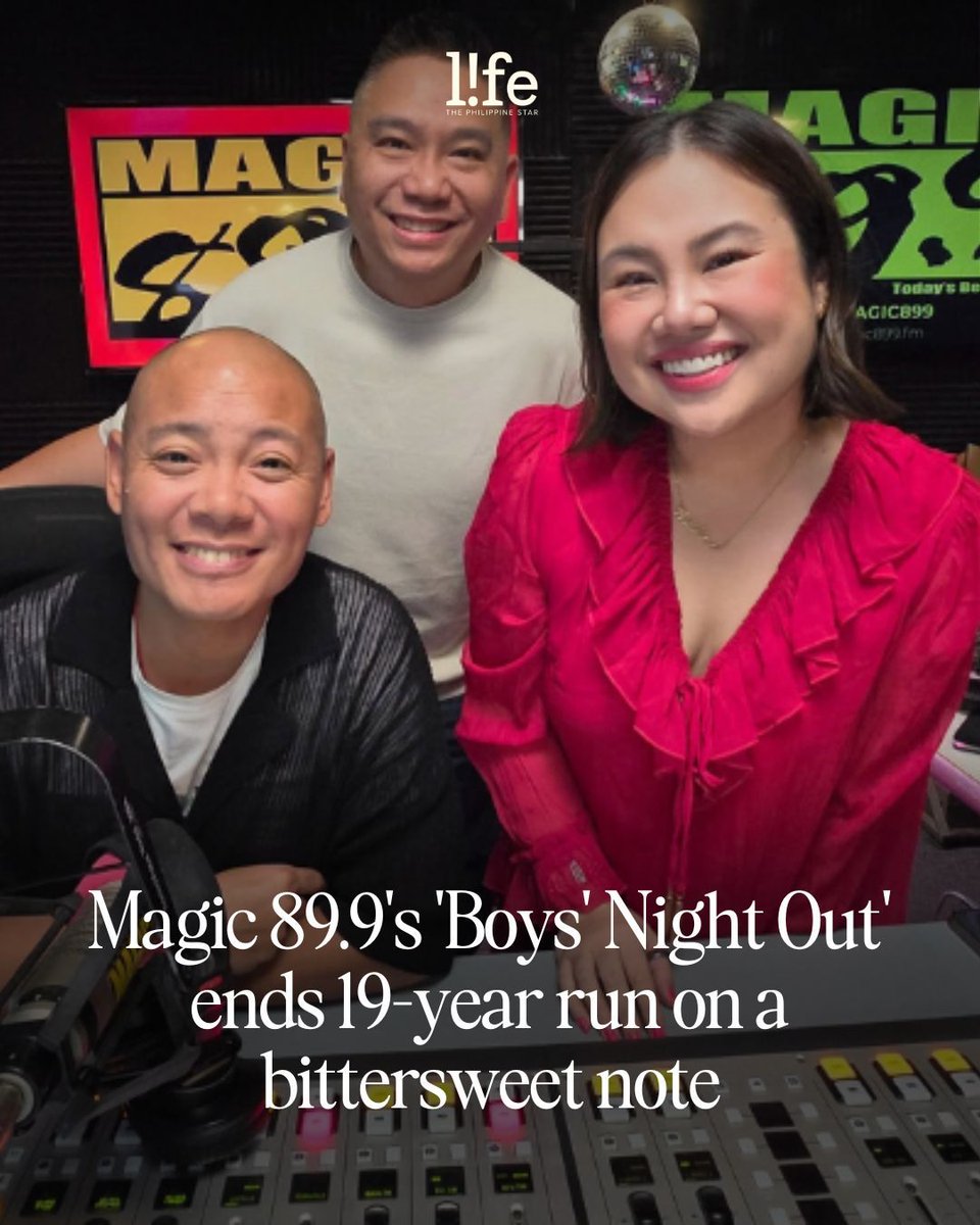 philstarlife's tweet photo. BOYS’ NIGHT OUT SIGNS OFF

Magic 89.9’s iconic evening show Boys’ Night Out has gone off-air after 19 years. 

READ: https://t.co/N0VNFJJGBq https://t.co/ZnE9QEcgM0