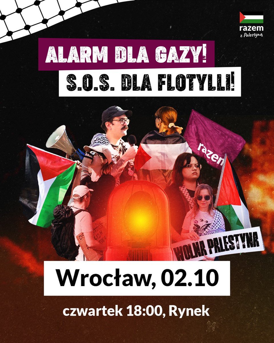 RazemWroclaw's tweet photo. ‼️ WROCŁAW, POD PRĘGIERZEM, DZISIAJ, 18:00‼️

Statki flotylli zostały nielegalnie porwane na wodach międzynarodowych a Polscy obywatele są nielegalnie przetrzymywani. 

Pokażmy sprzeciw wobec notorycznych aktów izraelskiej agresji i totalnego bezprawia. 
Dla GAZY, dla Flotylli 🇵🇸 https://t.co/6KxUBklfhB