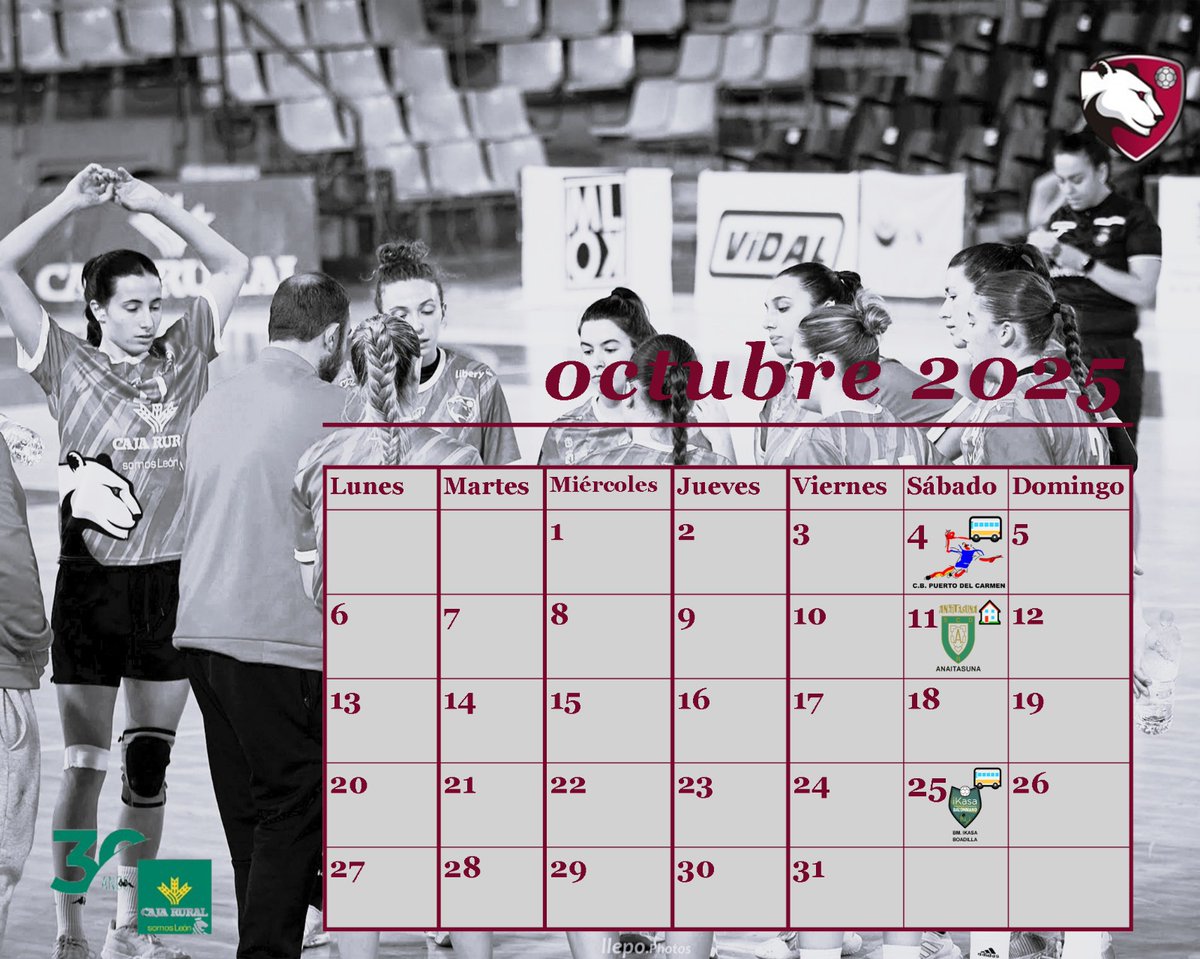 ⚫🔴 PARTIDOS OCTUBRE 2025⚫🔴

🚌 J2/04-10  ⌚21:00 (20:00 insular) Lanzarote <a href="/cbptodelcarmen/">Lanzarote Puerto del Carmen</a> 🆚 Caja Rural Cleba #DHOfem

🏠 J3/11-10  ⌚17:30 Caja Rural Cleba 🆚 <a href="/bmanaita_fem/">ANAITASUNA FEMENINO</a> #DHOfem

🚌 J4/25-10  ⌚20:30 <a href="/balonmanoikasa/">Balonmano iKasa Boadilla</a> Boadilla 🆚 Caja Rural Cleba #DHOfem

#cleba #somosLeón