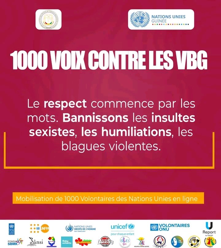 Agissons dès maintenant :
changeons nos mots, changeons nos
comportements.
Partage ce message et sois une voix
pour le respect.                             #StopViolenceVerbale
#AgirPourLeRespect
#1000Voix-Contre-Les-VBG
<a href="/OnuGuinee/">NATIONS UNIES GUINEE</a> <a href="/PNUDGuinee/">PNUD Guinée</a> <a href="/UNICEFGuinea/">UNICEF Guinea</a> <a href="/UnfpaGuinee/">unfpa guinee</a>