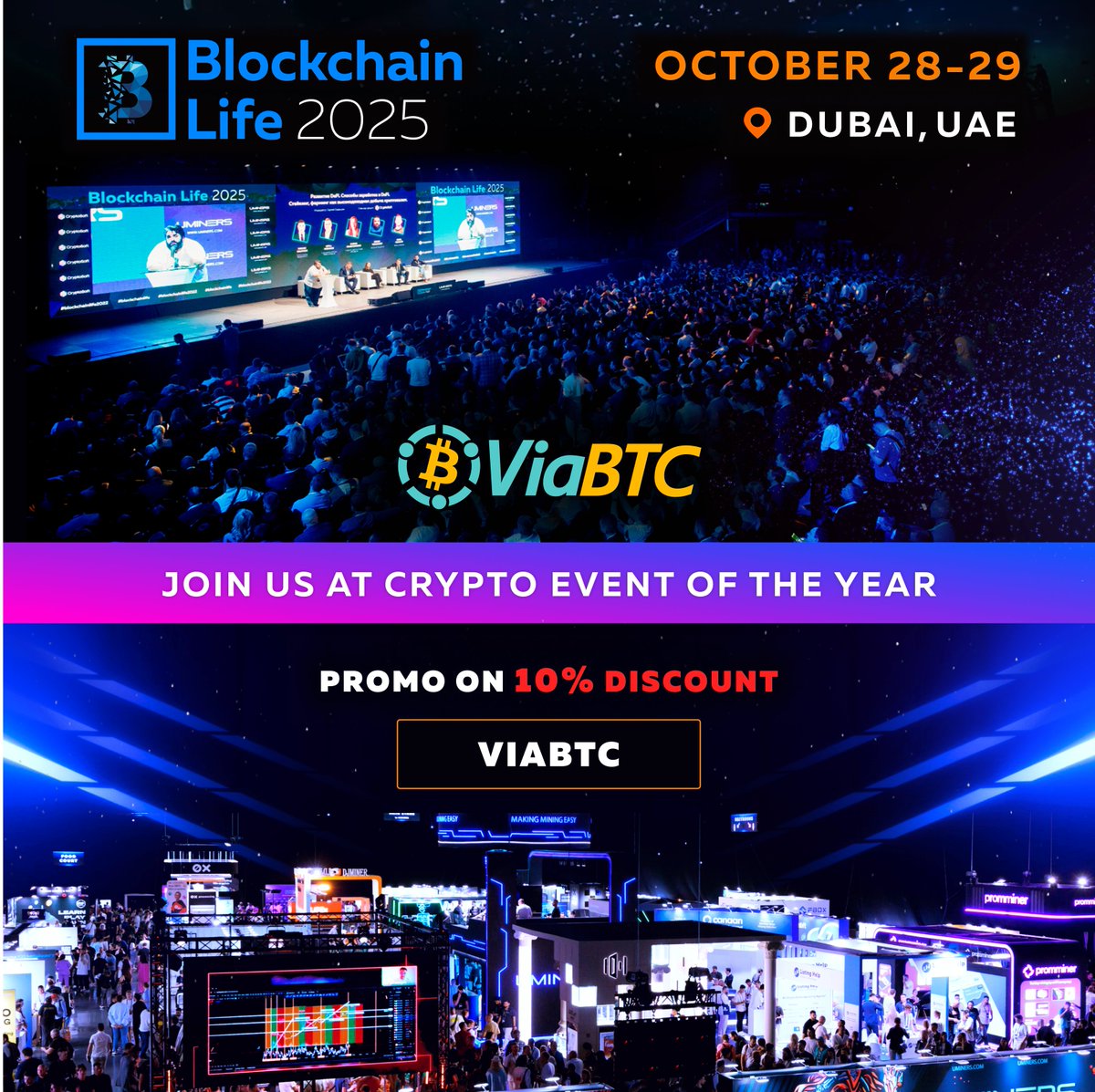 ViabtcR's tweet photo. 🚀 ViaBTC на Blockchain Life 2025 в Дубае!

28–29 октября всё майнинг и крипто-сообщество соберётся на Blockchain Life 2025. Наша команда ждёт каждого на стенде A4! 🎉

📅 Дата: 28-29 октября
 📍 Место: Festival Arena, стенд A4

Что вас ждёт :
 ✨ Встреча с командой ViaBTC — узнайте о новых трендах в майнинге.
 🎤 Выступление директора по развитию ViaBTC—  Антон Царенок даст практические советы и стратегии, как максимизировать прибыль от майнинга в 2025 году.
 🎁 Эксклюзивные подарки — сувениры прямо на стенде.

Используйте промокод viabtc и получите 10% скидку на билеты!