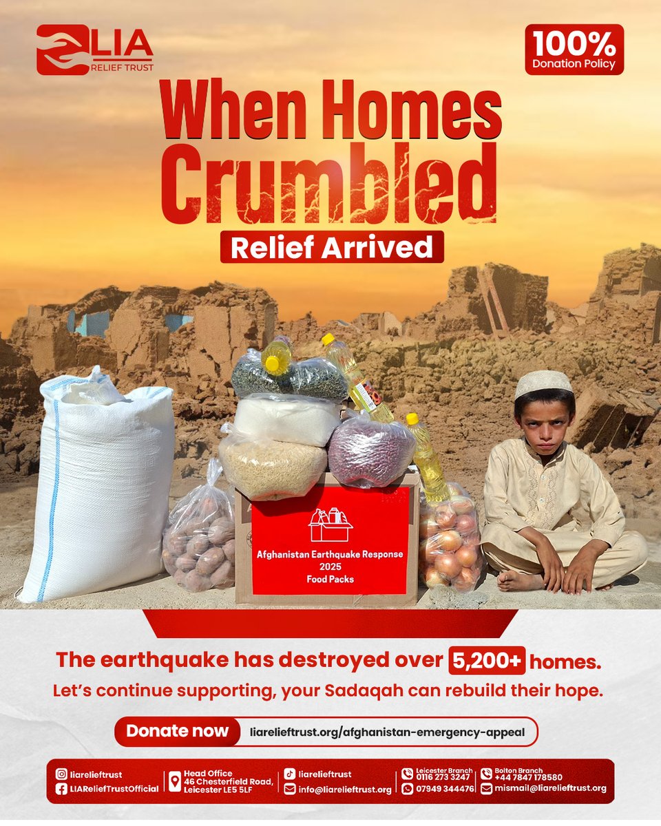 LIAReliefTrust's tweet image. 🏚️ 5,200+ homes destroyed

Alhamdulillah, relief has reached many families, but the need is still urgent.

Your Sadaqah can help rebuild lives where homes have fallen.

👉 Donate Now: liarelieftrust.org/afg-emergency-…

#LIAReliefTrust #AfghanistanRelief #SupportHumanity #Earthquake