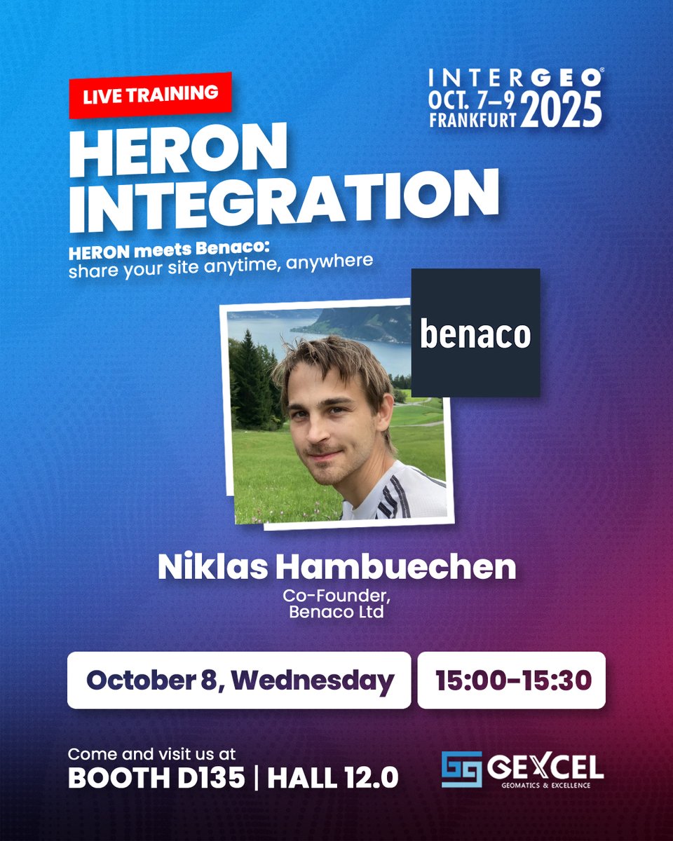 GexcelSrl's tweet image. 🚀 Don’t miss at #INTERGEO2025!
Live training with Niklas Hambuechen (Benaco) on cloud-sharing for coworking & digital twins.
HERON + Benaco = instant, seamless 3D surveys anywhere.
📅 Oct 8 | 15:00–15:30
📍 Booth D135 | Hall 12.0
👉 Save the date & meet us!