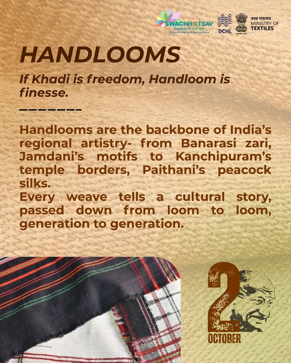 dchandlooms01's tweet image. &quot;There is no beauty in the finest cloth if it makes hunger and unhappiness.&quot;– Mahatma Gandhi
On this Gandhi Jayanti, let’s recall the legacy behind the fabrics we wear.
#ministryoftextiles #dchandlooms #sustainability #heritage #gandhijayanti #2october #gandhiji #khadi #handloom