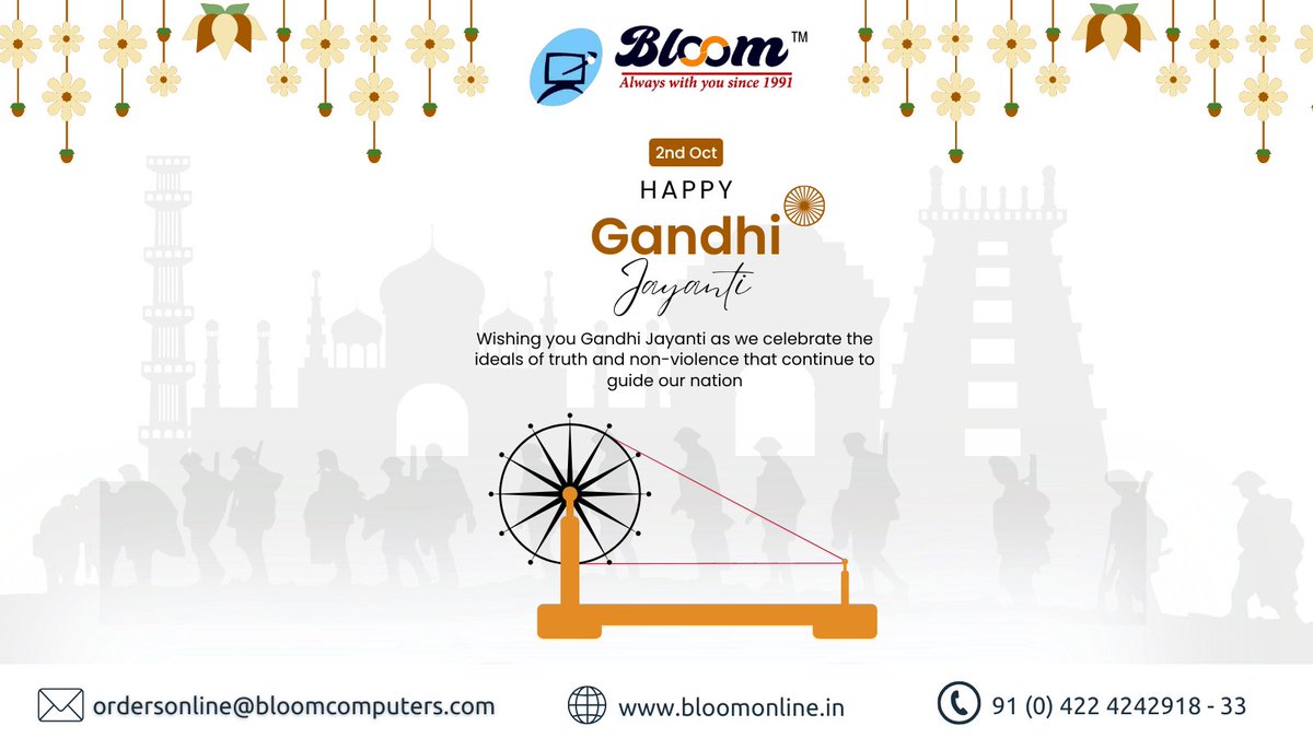 bloomcomputers's tweet image. Bloom Electronics wishes you peace, truth, and unity this Gandhi Jayanti.

#BloomElectronics #GandhiJayanti #TruthAndNonViolence #PeaceAndUnity #MahatmaGandhi #StrongerIndia #2ndOctober