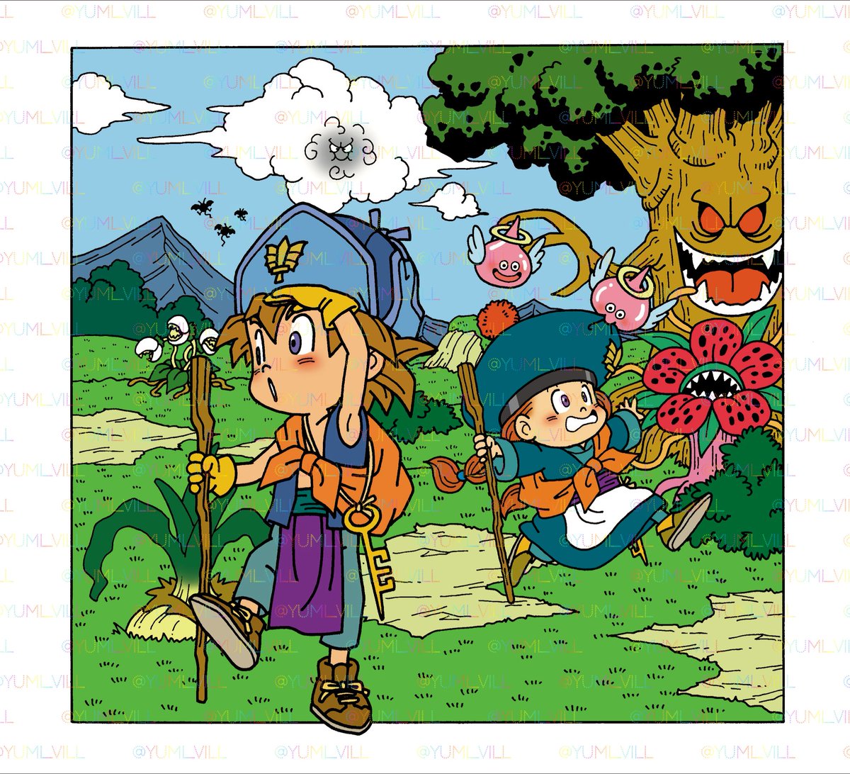yumi_vill's tweet photo. #過去job蔵出し 
今日はドラゴンクエストモンスターズ2公式ガイドブックの表紙より。

植物系モンスターを多めにして、冒険感＋自然の中で生きづいている絵にしました。 https://t.co/iKOUcNhvpJ