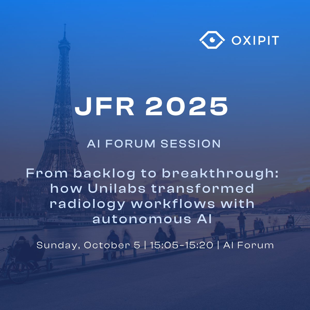 The Oxipit team is heading to #JFR2025! ✈️

📍Booth FIA-9

📢Our session at the AI Forum:
Oct 5, 15:05–15:20
From backlog to breakthrough: how Unilabs transformed radiology workflows with AI

Will we see you in Paris? Book your meeting👉 oxipit.ai/events

#Radiologie #CXR