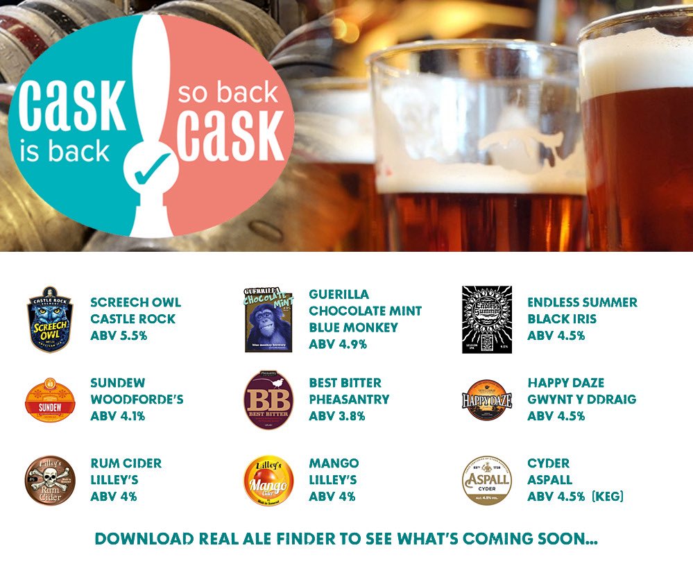 On the bar today!
Beer Board: bit.ly/2vu8OV3
#CaskIsBack <a href="/CRBrewery/">Castle Rock Brewery</a> <a href="/blue_brewery/">Blue Monkey Brewery</a> <a href="/BlackIrisBrewer/">Black Iris Brewery</a> <a href="/WoodfordesBeer/">Woodforde's Brewery</a>  <a href="/PheasantryBeer/">Pheasantry Brewery</a> <a href="/Gwyntyddraig/">gwyntcider</a> <a href="/lilleyscider/">Lilley's Cider</a> <a href="/Aspall/">Aspall</a> 
#RealAleFinder