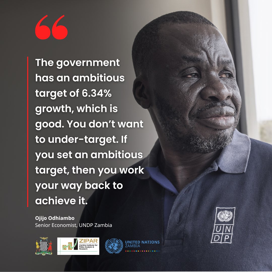 UNDPZambia's tweet photo. Voices of Specialists Reviewing the #2026budget 

The Government has an ambitious target of 6.34% growth, which is good — you don’t want to under-target. If you set an ambitious target, then you work your way back to achieve
it.” – Ojijo Odhiambo, Senior Economist, UNDP Zambia https://t.co/9JjoDt0D56