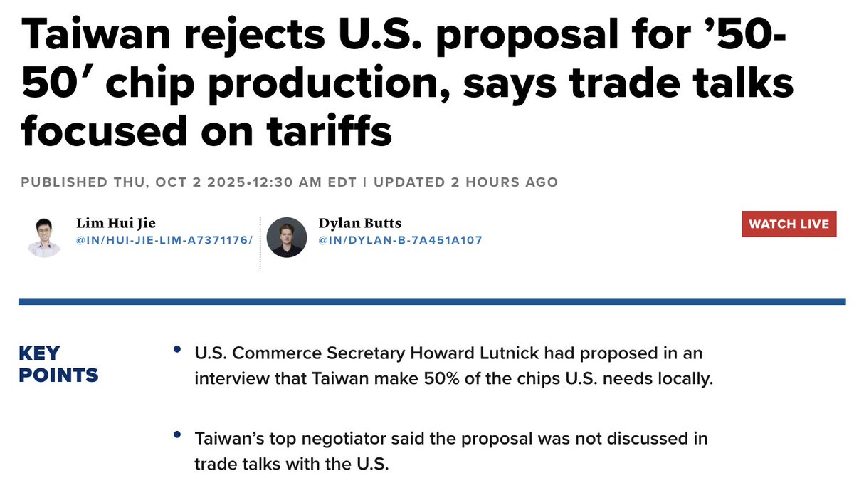 wallstengine's tweet image. Taiwan has flatly rejected a U.S. proposal to shift to a “50-50” split in chip production, saying the idea wasn’t even on the table during trade talks in Washington.
Vice Premier Cheng Li-chiun said discussions instead centered on tariffs, where Taiwan faces a 20% rate.…
