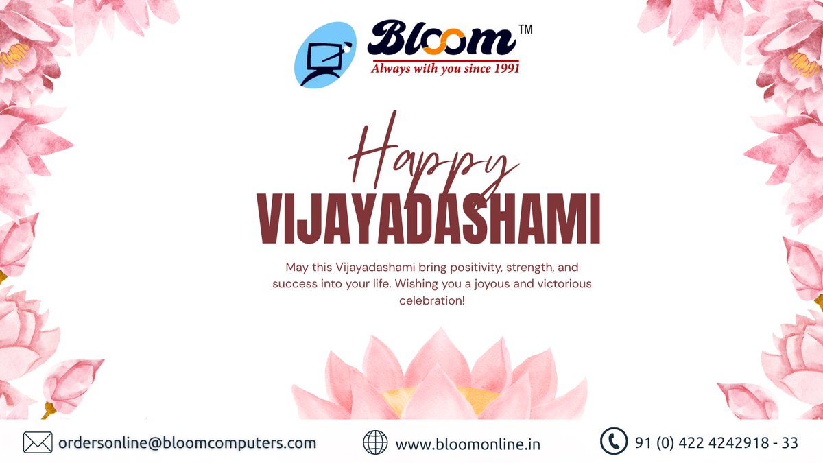 bloomcomputers's tweet image. Bloom Electronics wishes you strength, positivity, and victory this Vijayadashami.

#BloomElectronics #Vijayadashami #VictoryOfGoodOverEvil #FestiveVibes #PositivityAndStrength #JoyAndSuccess #FestivalOfVictory