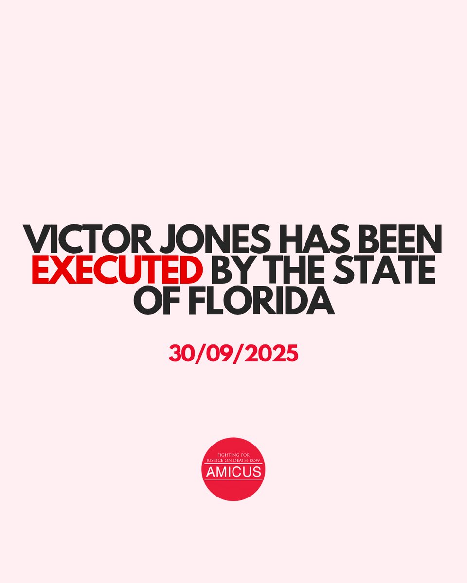Amicus_ALJ's tweet image. 30/09/2025: Victor Jones was executed by lethal injection in Florida, becoming the 13th inmate put to death in the state this year. He was convicted of the murders of Matilda and Jacob Nestor.

#USDeathPenalty #execution #lethalinjection #DeathRow