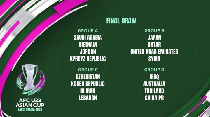 CGTNSportsScene's tweet photo. 🇨🇳 China drawn in Group D at the 2026 #AFCU23 Asian Cup and will face:

🇮🇶 Iraq
🇦🇺 Australia
🇹🇭 Thailand

🗓 The 7th edition of U23 Asian Cup will be held in Saudi Arabia from Jan 7–25, 2026.

@goal2china @theafcdotcom https://t.co/Jb8hkVpmJ1