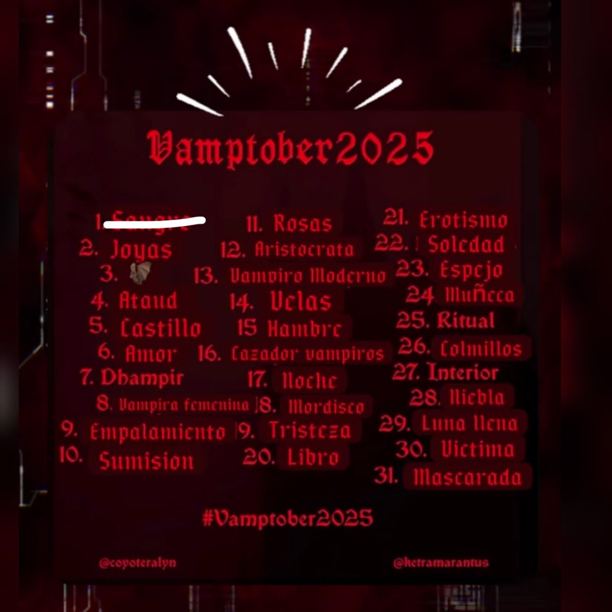Starting Vamptober for this year.
And with the presentation of the OC that accompanies us in the challenge 
His name is  Vladeck
#Vamptober2025 #Día1 #Day1 #Sangre #Blood #Vampiros #Vampires #DarkArt #Vampirism #Gótico #Gothic #Fantasy #Fantasía #VampireArt #Inktober2025
