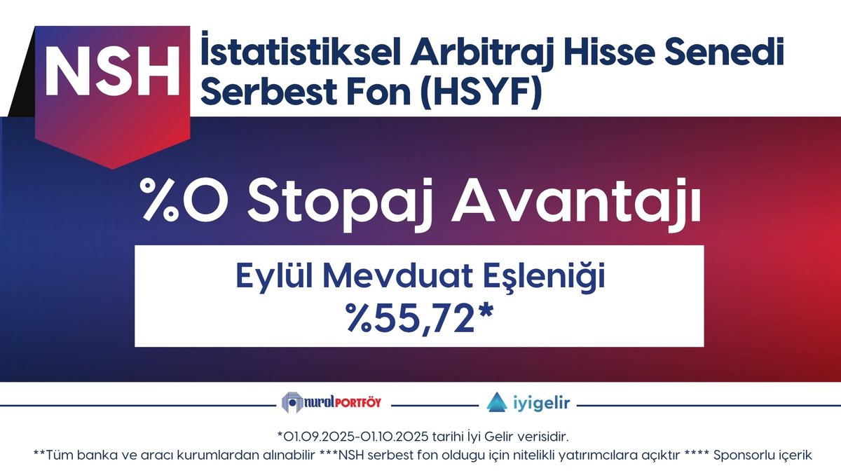 iyigelirnet's tweet image. 🌟Mevduat üstü getiri hedefleyen takipçilerimiz #NSH - Nurol Portföy İstatistiksel Arbitraj Hisse Senedi Serbest Fon’un (HSYF) inceleyebilir.

NSH Eylül ayında yatırımcılarına mevduat eşleniği %55,72 kazandırmış. Fonun ayrıca %0 stopaj avantajı bulunmakta.

⚙️ Fonun Çalışma…