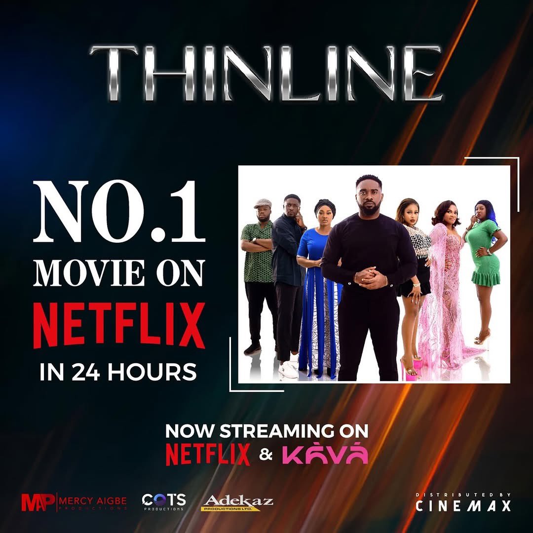 #THINLINE is #1 on Netflix in less than 24 hours 💃💃🥂

Thank you all for loving and streaming #Thinline 🙏
For those who haven’t don’t miss out on this Nollywood hit , stream it on NETFLIX <a href="/NetflixNaija/">Netflix Nigeria</a> &amp; KAVA for our international audience
THANK Y’ALL 😍😍

#thinlineonnetflix