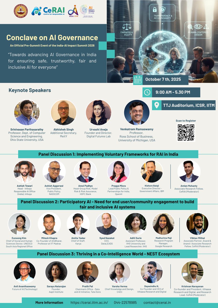 Wadhwani School of Data Science & AI (WSAI), IITM (@wsai_iitm) on Twitter photo 🚀 Announcement Alert!
Our Conclave on AI Governance just got bigger — it’s now an official Pre-Summit Event of the #IndiaAI #ImpactSummit2026! 
We’re bringing together some of the brightest minds from industry, academia, and policy to explore the future of Responsible AI. 🚀 Announcement Alert!
Our Conclave on AI Governance just got bigger — it’s now an official Pre-Summit Event of the #IndiaAI #ImpactSummit2026! 
We’re bringing together some of the brightest minds from industry, academia, and policy to explore the future of Responsible AI.